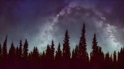 Time-lapse storm clouds gather over a misty pine forest, silhouetted against the dramatic sunset sky