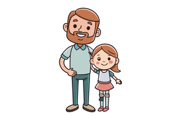 Illustration: Dad and Daughter on White Background: A tender, cartoon illustration of a dad with beard and his smiling daughter standing side-by-side, both radiating warmth and love.