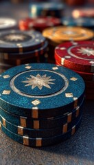 Naklejka premium Close-up of Stacked Poker Chips in Various Colors on a Rough Textured Grey Surface for Leisure Fun