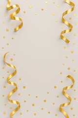 Elegant beige backdrop with golden ribbon curls and confetti creates a celebratory mood.