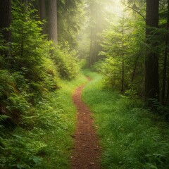 Obraz premium Sunlit Forest Path Winding Through Lush Green Woods
