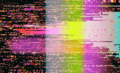 Neon glitch-art vector in abstract style. Dominated by pink, yellow, green, and cream, with horizontal pixel lines, gradients, and color blocks forming a chaotic, digital, and futuristic pattern.