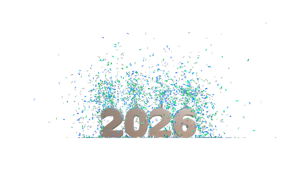 texte 2026 argenté avec deux jets de confettis vert et bleu - illustration 3D pour le nouvel an sur fond transparent	
