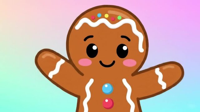 Cute gingerbread character waves cheerfully against pastel gradient