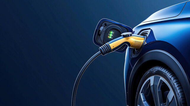 Sleek blue electric vehicle is shown charging, highlighting its advanced technology and eco friendly design. close up view emphasizes charging port and cable connection