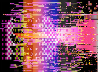 Bright glitch-art vector illustration, embracing digital abstract trend. Filled with hot pink, yellow, purple, and blue pixel blocks and rectangles, it bursts with erratic, energetic visual noise.
