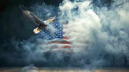 Patriotic American eagle in front of the Stars and Stripes flag, set in a studio with atmospheric smoke, symbolising strength and freedom for 4th of July and Independence Day USA themes. - Powered by Adobe