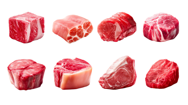 Assorted raw meat pieces, cuts for grilling, barbeque, cut out transparent