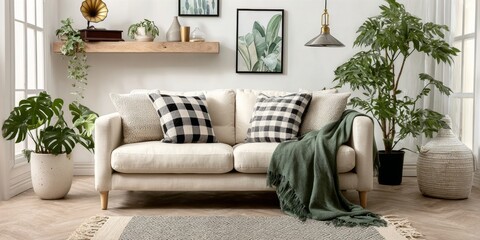 Elegant Scandinavian Living Room with Stylish Sofa, Decorative Pillows, and Lush Botanical Plants