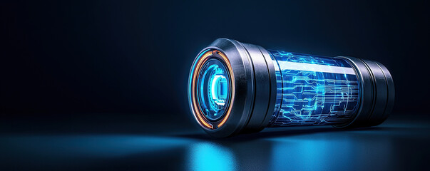 Futuristic, sci fi inspired portable charger with sleek design and glowing blue circuitry, set against dark background, exuding high tech vibe