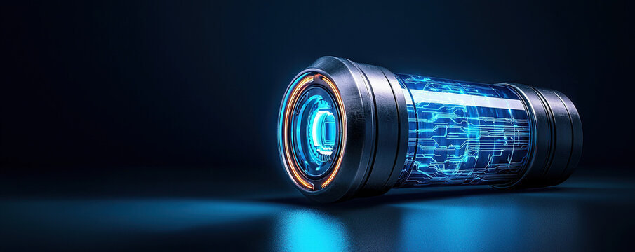 Futuristic, sci fi inspired portable charger with sleek design and glowing blue circuitry, set against dark background, exuding high tech vibe