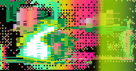 Neon glitch-art vector in abstract style. Dominated by pink, yellow, green, and cream, with horizontal pixel lines, gradients, and color blocks forming a chaotic, digital, and futuristic pattern.