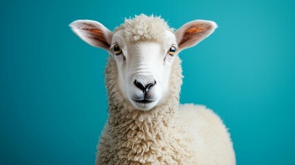 Fototapeta premium Curious Sheep Portrait on Blue Background
