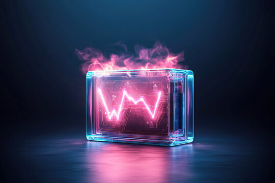 Transparent battery pack with real time AI interface displays glowing pink waveform, surrounded by futuristic digital aura. scene is set against dark background, creating high tech and innovative - Powered by Adobe