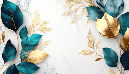 Elegant golden and teal leaf arrangement nature inspired graphic design minimalist style studio setting aesthetic composition