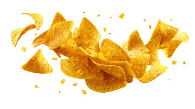 Corn Tortilla Chips Pile, Salty Snack, Golden Yellow Color, cut out transparent