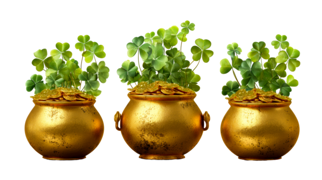 Golden pots with shamrock and coins, luck theme, cut out transparent