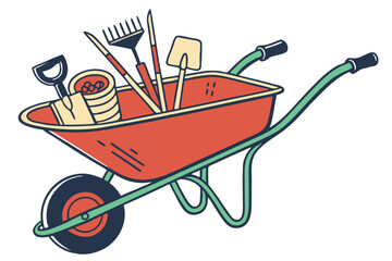 Red garden wheelbarrow with tools isolated on white