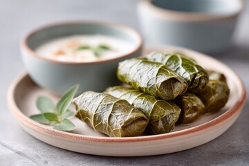 Delicious dolma displayed on a plate with yogurt and fresh herbs in a cozy dining setting