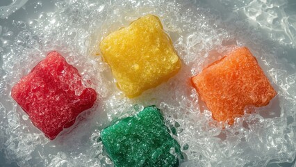 Surface of colorful ice cubes melting on frosty glass, summer drink ba