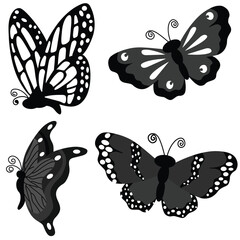 Cute cartoon hand drawn vector set of butterfly icon silhouette.