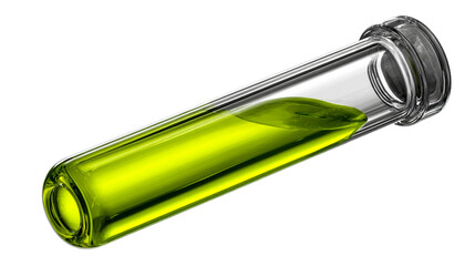 Glass tube with shiny green liquid, vial, laboratory, research, cut out transparent