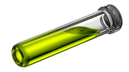 Glass tube with shiny green liquid, vial, laboratory, research, cut out transparent