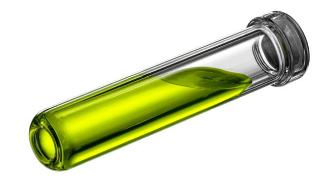 Glass tube with shiny green liquid, vial, laboratory, research, cut out transparent
