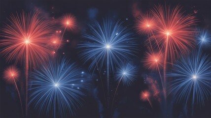 Fototapeta premium Spectacular display of red and blue fireworks illuminating a dark night sky at a festive celebration