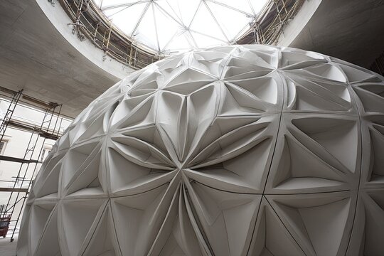 Large, white, geometric dome with intricate, petal-like panels. Under construction, modern, architectural