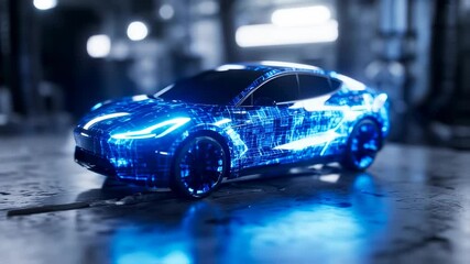 Futuristic electric vehicle with digital blue network design for sustainable transport - Powered by Adobe