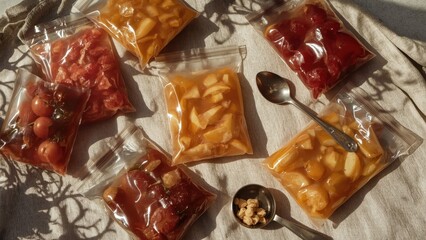 Texture of assorted vacuum-packed sauces with spoon on table, cooking