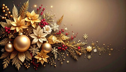 Elegant golden christmas decor holiday season floral arrangement festive atmosphere close-up view celebration theme