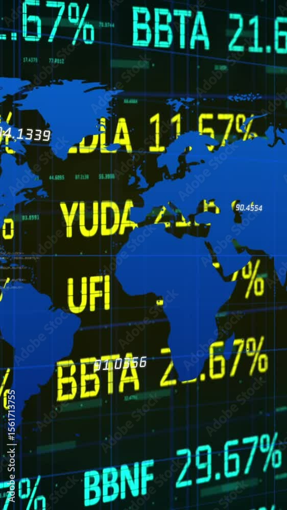 Poster animation of trading board over digits and computer language on map against abstract background