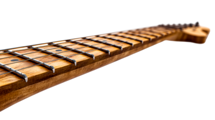 Electric guitar fretboard close-up view on black, cut out transparent