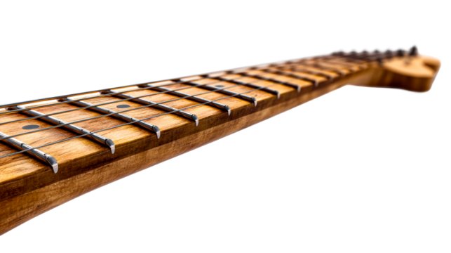 Electric guitar fretboard close-up view on black, cut out transparent