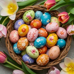 Fototapeta premium Colorful Easter Eggs in a Basket with Tulips