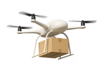 White delivery drone carrying package with transparent background