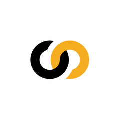 A minimalist logo composed of two interlocked circles, one black and one orange, forming an abstract infinity or connection symbol