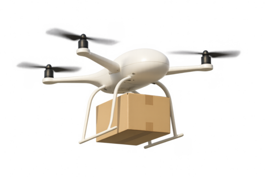 White delivery drone carrying package with transparent background
