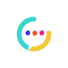 A circular, open speech bubble formed by two curved lines (teal and yellow) enclosing three colorful teardrop elements