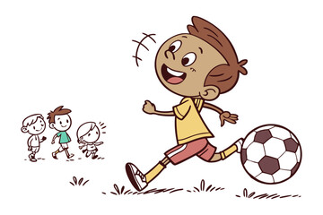 Child Football Fun: An exuberant child kicks a soccer ball across a playful illustration, radiating youthful energy, friendship, and the joy of a carefree sports day.
