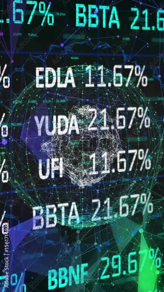 Poster animation of trading board over connected dots forming globes and shape with multiple graphs