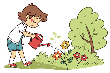 Cartoon illustration of a boy watering flowers in a summer garden with a dog playing nearby under a blue sky