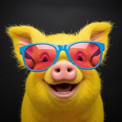 National Yellow Pig Day July 17. Geeky nerdy smiling piglet mascot in fancy sunglasses, blank black chalkboard, math class humor, back to school, quirky fun celebration mathematics. Copy space
