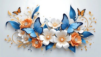 Luxury 3D floral illustration with white, blue, and orange flowers adorned with pearls and golden leaves. Includes butterflies and decorative swirls. Ideal for greeting cards or invitations.