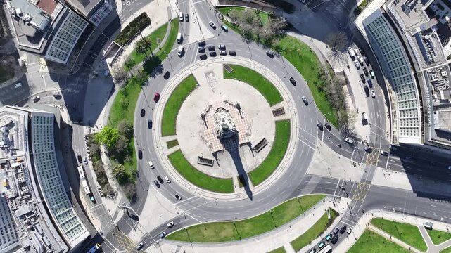 Marques De Pombal Roundabout At Lisbon In Metropolitan Region Portugal. Downtown Lisbon Aerial Landscape. Beautiful Roundabout. Marques De Pombal Roundabout At Lisbon In Portugal. Historic District.