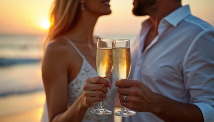 Romantic couple toasting champagne at sunset beach. Lovers celebrate engagement, marriage, or honeymoon. Couple drinks wine, enjoys vacation, travel holiday on tropical island. Coastal background.