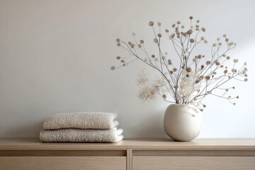 Soft towels and a minimalist vase with dried flowers on a light wooden surface