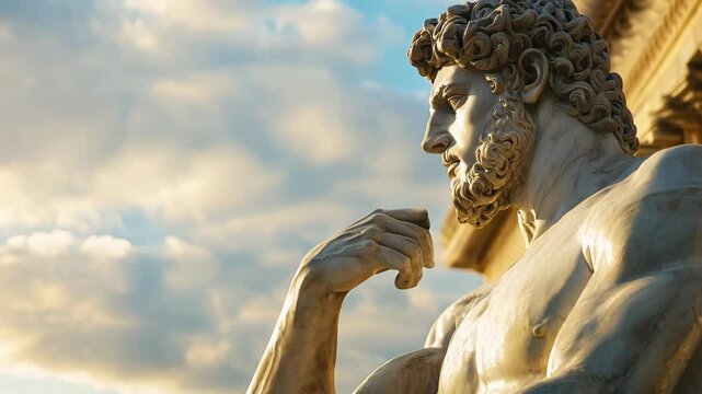A majestic sculpture depicting a classical male figure stands in warm sunlight against a cloudy sky backdrop